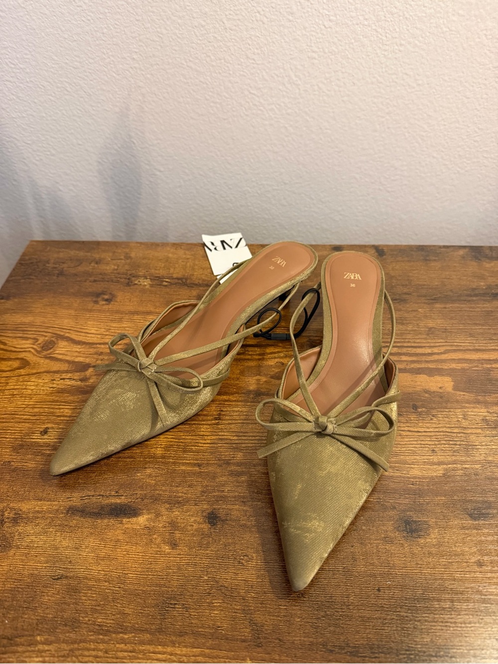 Zara Olive Pointed Toe Bow Slingback Mules